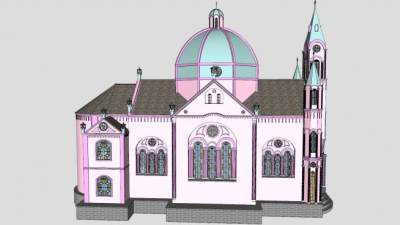 粉色风格教会堂建筑SU模型下载_sketchup草图大师SKP模型