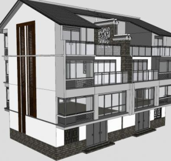 中式徽派农村别墅建筑SU模型下载_sketchup草图大师SKP模型
