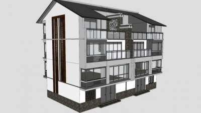 中式徽派农村别墅建筑SU模型下载_sketchup草图大师SKP模型