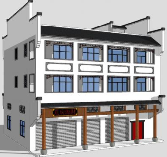 中式徽派楼房带商铺SU模型下载_sketchup草图大师SKP模型