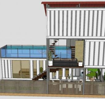 集装箱别墅带游泳池SU模型下载_sketchup草图大师SKP模型