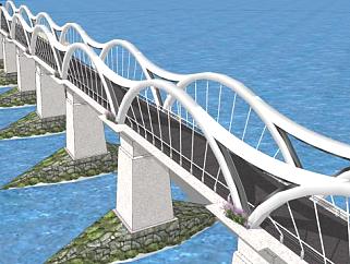 现代大桥和海边别墅SU模型下载_sketchup草图大师SKP模型