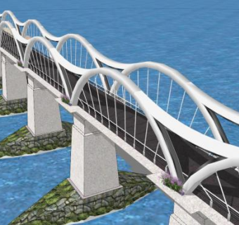 现代大桥和海边别墅SU模型下载_sketchup草图大师SKP模型