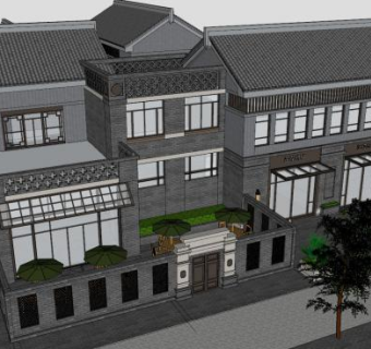 中式建筑会所SU模型下载_sketchup草图大师SKP模型