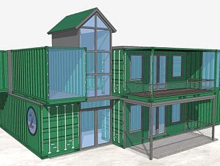 绿色集装箱住宅建筑SU模型下载_sketchup草图大师SKP模型