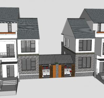 新中式联排双拼别墅SU模型下载_sketchup草图大师SKP模型