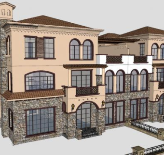 西班牙风格双拼别墅建筑SU模型下载_sketchup草图大师SKP模型
