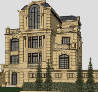 庄重的法式别墅建筑SU模型下载_sketchup草图大师SKP模型