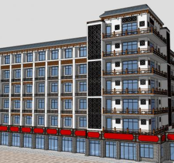 新中式风格酒店建筑和门面商铺SU模型下载_sketchup草图大师SKP模型