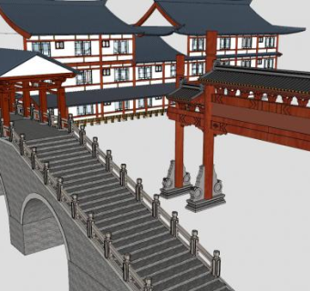 中式商业街建筑楼房+牌坊和石桥SU模型下载_sketchup草图大师SKP模型
