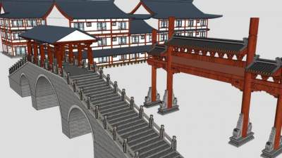 中式商业街建筑楼房+牌坊和石桥SU模型下载_sketchup草图大师SKP模型