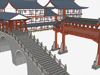 中式商业街建筑楼房+牌坊和石桥SU模型下载_sketchup草图大师SKP模型