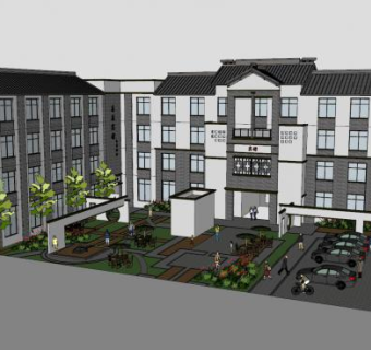 中式徽派建筑宾馆酒店SU模型下载_sketchup草图大师SKP模型