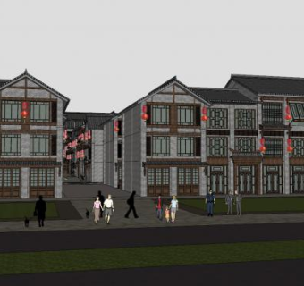 复古中式古镇商业街SU模型下载_sketchup草图大师SKP模型