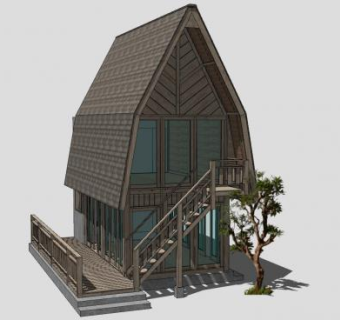 小型木屋别墅SU模型下载_sketchup草图大师SKP模型
