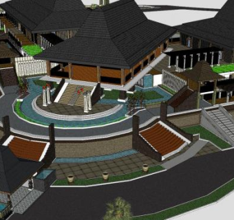 东南亚风格寺庙和街道SU模型下载_sketchup草图大师SKP模型