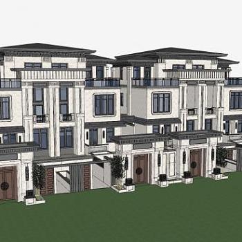 新中式联排别墅建筑SKP模型下载_sketchup草图大师SKP模型