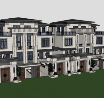 新中式联排别墅建筑SKP模型下载_sketchup草图大师SKP模型