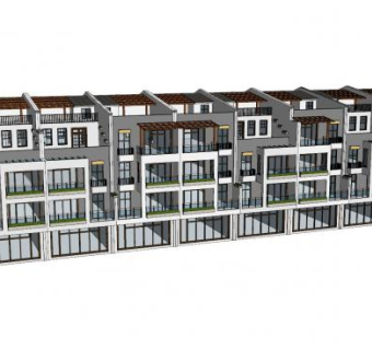 新中式联排别墅沿街商铺一层SU模型下载_sketchup草图大师SKP模型