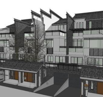 中式徽派别墅户型枯树建筑SU模型下载_sketchup草图大师SKP模型
