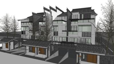 中式徽派别墅户型枯树建筑SU模型下载_sketchup草图大师SKP模型