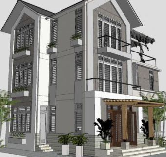 欧美风格三层别墅建筑住宅SU模型下载_sketchup草图大师SKP模型