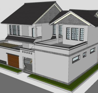 新中式别墅合院建筑SU模型下载_sketchup草图大师SKP模型
