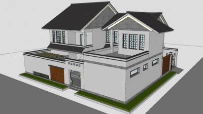 新中式别墅合院建筑SU模型下载_sketchup草图大师SKP模型