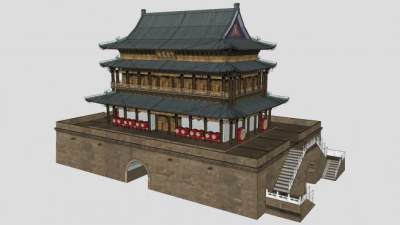 陕西西安钟鼓楼古建筑SU模型下载_sketchup草图大师SKP模型