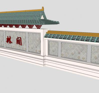 中式景墙古代琉璃瓦墙SU模型下载_sketchup草图大师SKP模型