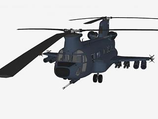 双旋翼军机直升机SU模型下载_sketchup草图大师SKP模型