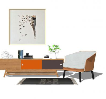 北欧现代边桌矮柜组合SU模型下载_sketchup草图大师SKP模型