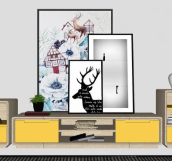 电视柜相框画装饰花瓶书本SU模型下载_sketchup草图大师SKP模型