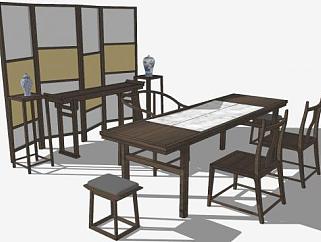 中式屏风<em>茶台桌椅</em>SU模型下载_sketchup草图大师SKP模型