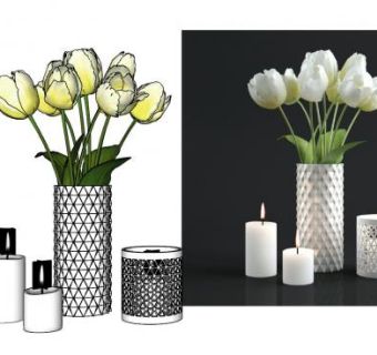 白蜡烛和花瓶装饰SU模型下载_sketchup草图大师SKP模型