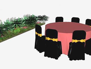宴席桌圆桌婚庆桌椅花圃植物SU模型下载_sketchup草图大师SKP模型