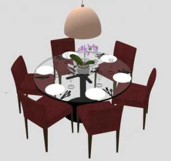 玻璃圆桌餐桌椅吊灯SU模型下载_sketchup草图大师SKP模型