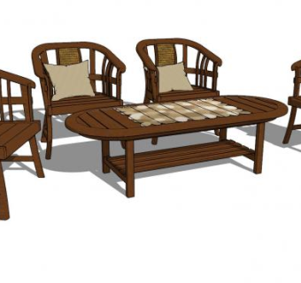 木质扶手椅茶几家具SU模型下载_sketchup草图大师SKP模型