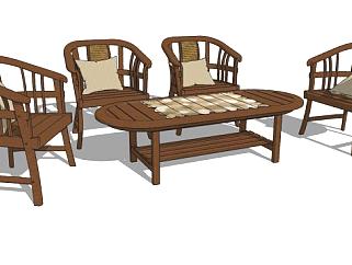 木质扶手椅茶几家具SU模型下载_sketchup草图大师SKP模型