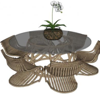 木质座椅玻璃圆形餐桌SU模型下载_sketchup草图大师SKP模型