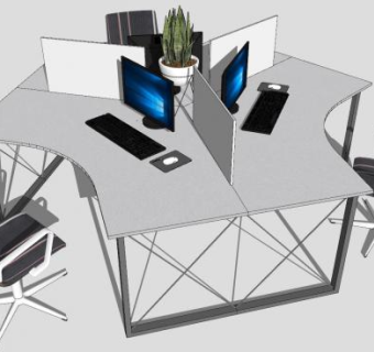 现代三人座办公桌椅SU模型下载_sketchup草图大师SKP模型