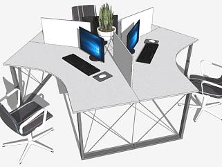 现代三人座办公桌椅SU模型下载_sketchup草图大师SKP模型