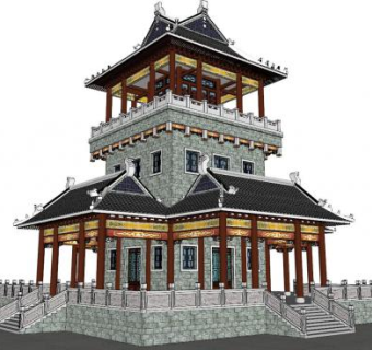 中式塔楼建筑SU模型下载_sketchup草图大师SKP模型