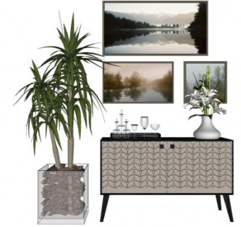 边桌矮柜花盆盆栽照片墙SU模型下载_sketchup草图大师SKP模型