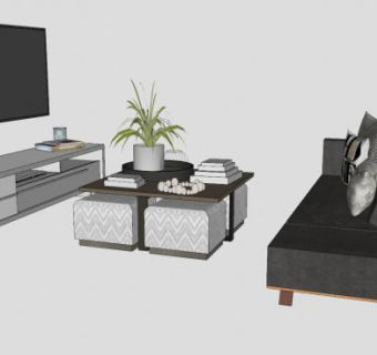 咖啡桌椅圆形玻璃桌SU模型下载_sketchup草图大师SKP模型