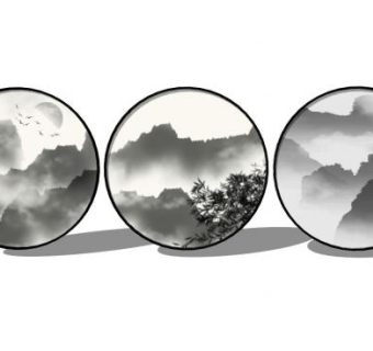 中式圆形山水画装饰SU模型下载_sketchup草图大师SKP模型