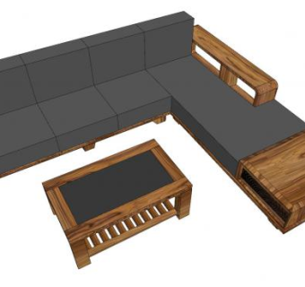 木质L型沙发茶几模型SU模型下载_sketchup草图大师SKP模型