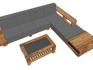 木质L型沙发茶几模型SU模型下载_sketchup草图大师SKP模型