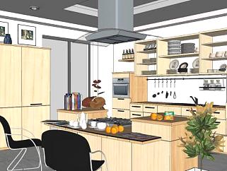 木制现代开放式厨房吧台SU模型下载_sketchup草图大师SKP模型