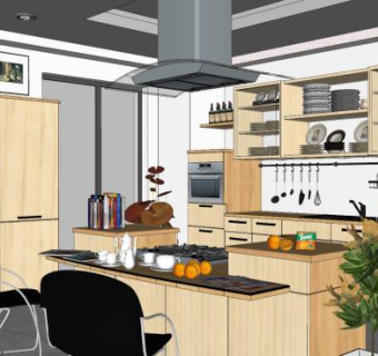 木制现代开放式厨房吧台SU模型下载_sketchup草图大师SKP模型